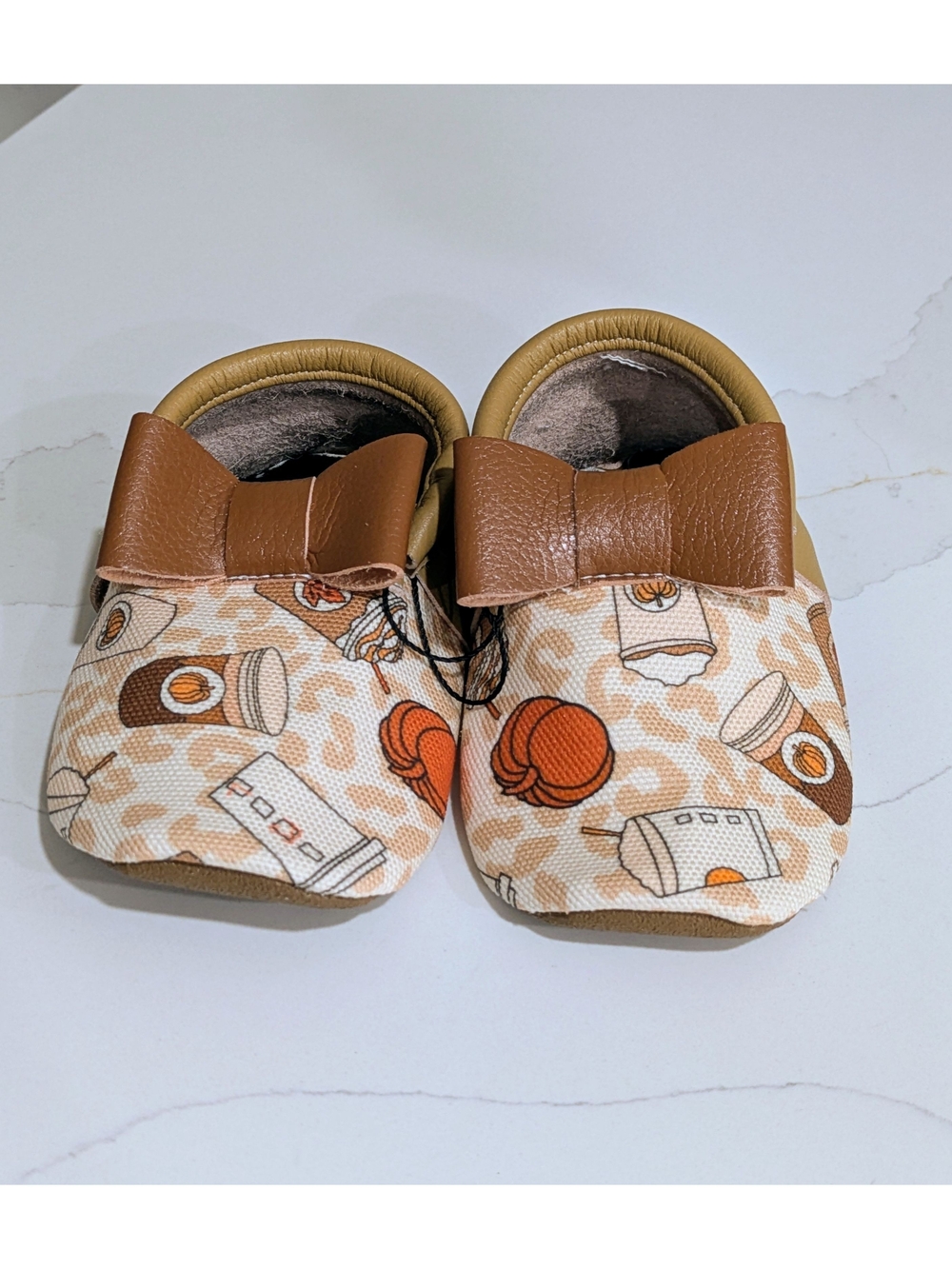 Brown & Cream Fall Coffee Print Toddler Moccasins with Bow